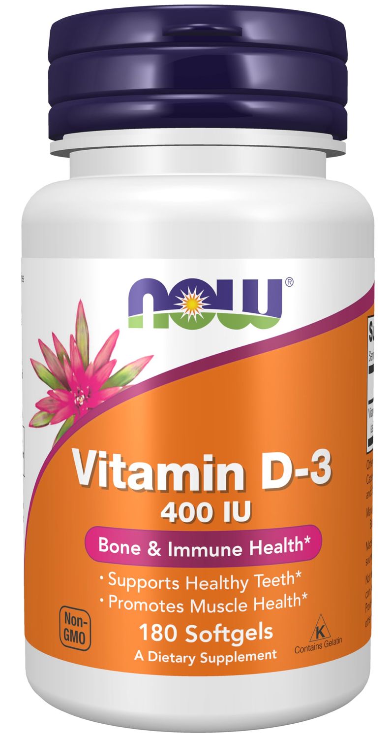 NOW Supplements, Vitamin D-3 400 IU, Strong Bones*, Structural support*, 180 Softgels