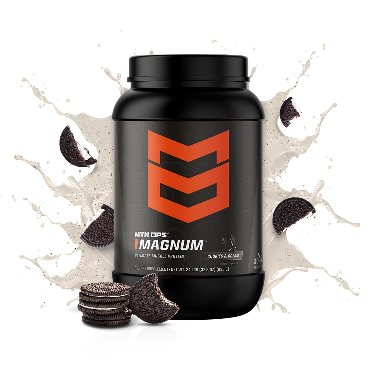 MTN OPS Magnum Cookies &amp; Cream Protein Powder, 23g of Whey Isolate Protein &amp; Milk Protein with BCAAs, Zero Sugar &amp; Gluten Free, Cookies&amp; Cream, 30-Serving Tub