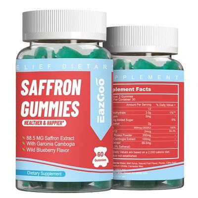 EAZGOO Saffron Supplements Gummies, Saffron Extract for Positive Mood &amp; Calm Nerve, Boost Energy, with Garcinia Cambogia, Vitamin A, B12, Rhodiola Rosea - 120 Gummies