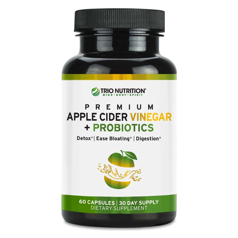 TRIO NUTRITION Apple Cider Vinegar Capsules with Billions of Multi-Strain Probiotics &amp; L-Carnitine - Sugar Free ACV Capsules with The Mother for Gut Health, Immunity, Body Cleanse &amp; Healthy pH*