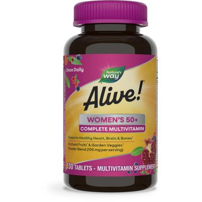 Nature&#39;s Way Alive! Women&#39;s 50+ Complete Multivitamin, Supports Healthy Heart, Brain, Bones*, B-Vitamins, Gluten Free, 130 Tablets (Packaging May Vary)