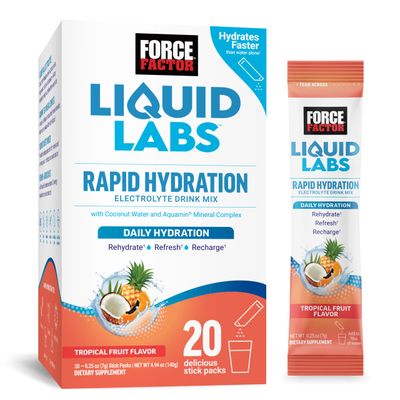 FORCE FACTOR Liquid Labs Electrolytes Powder Packets-Tropical Fruit-Hydration Packets to Make Electrolyte Water, with 5 Essential Electrolytes, Vitamins, Minerals, and Antioxidants, 20 Stick Packs