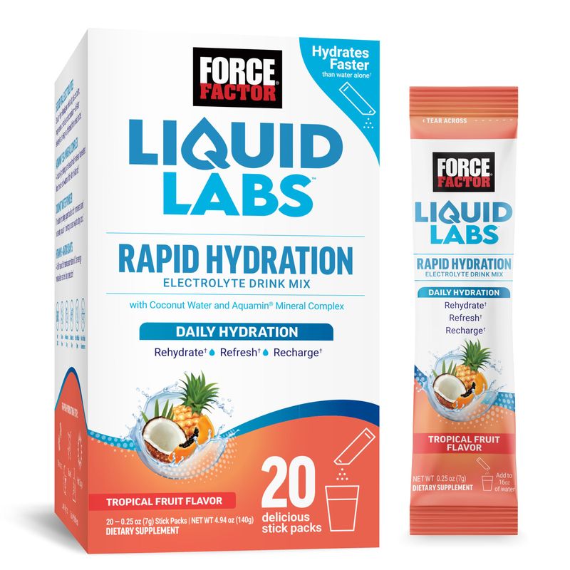 FORCE FACTOR Liquid Labs Electrolytes Powder Packets-Tropical Fruit-Hydration Packets to Make Electrolyte Water, with 5 Essential Electrolytes, Vitamins, Minerals, and Antioxidants, 20 Stick Packs