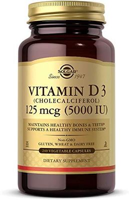 Solgar Vitamin D3 (Cholecalciferol) 125 mcg (5000 IU), 240 Vegetable Capsules - Helps Maintain Healthy Bones &amp; Teeth - Immune System Support - Non-GMO, Gluten Free, Dairy Free, Kosher - 240 Servings