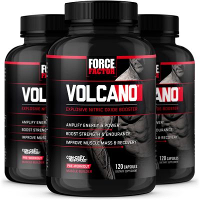 FORCE FACTOR Volcano Pre Workout Nitric Oxide Booster Supplement for Men with Creatine and L-Citrulline to Help Boost Nitric Oxide, Energy, Build Muscle &amp; Improve Blood Flow, 120 Count(Pack of 3)