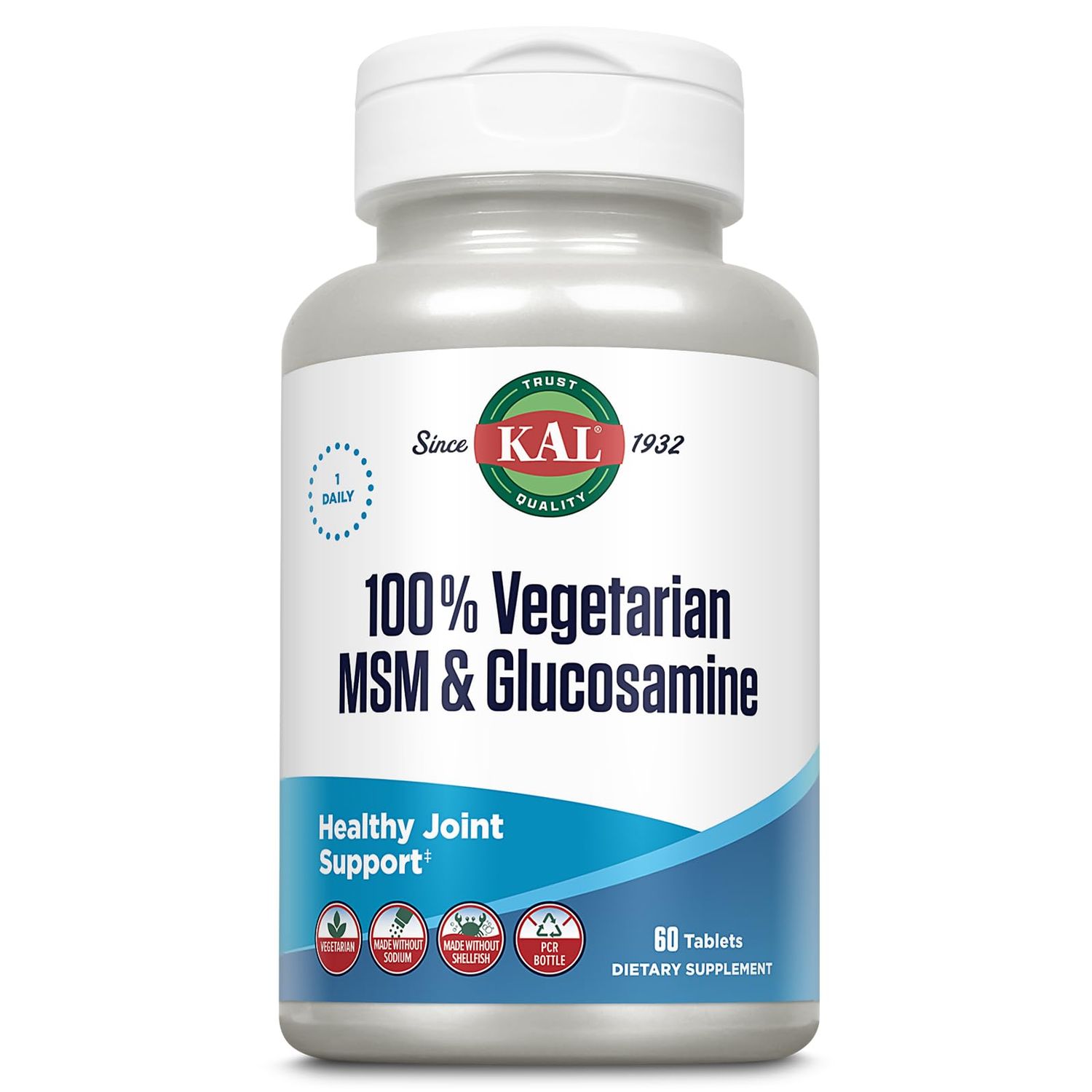 KAL 100% Vegetarian MSM &amp; Glucosamine - Healthy Joint Support - Vegan Glucosamine and MSM Supplement - Made Without Shellfish - Lab Verified - 60-Day Guarantee - 60 Servings, 60 Tablets