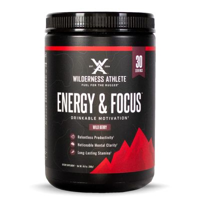 Wilderness Athlete - Energy &amp; Focus | Energy Booster for Women &amp; Men - Energy Drink Mix with Natural Caffeine - Low-Carb, Zero Sugar Energy Drink Powder - 30 Serving Energy Drink Tub (Wild Berry)