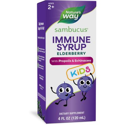 Nature&#39;s Way Sambucus Elderberry Immune Syrup for Kids Ages 2+, with Echinacea &amp; Propolis, Daily Immune Support*, Vegetarian, Berry Flavored, 4 Fl Oz (Packaging May Vary)