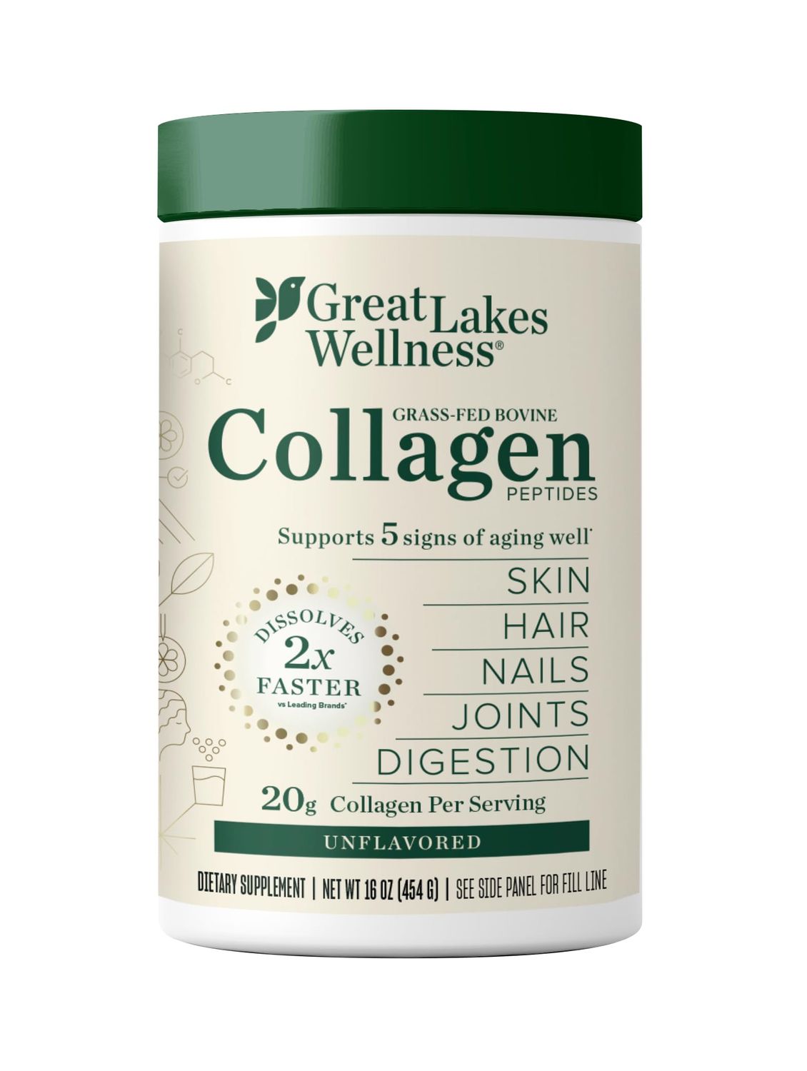 Great Lakes Wellness Collagen Peptides Powder for Skin, Hair, Nails, Joints &amp; Digestion - Unflavored - Quick Dissolve Hydrolyzed, Non-GMO, Keto, Kosher - 16oz - Packaging May Vary