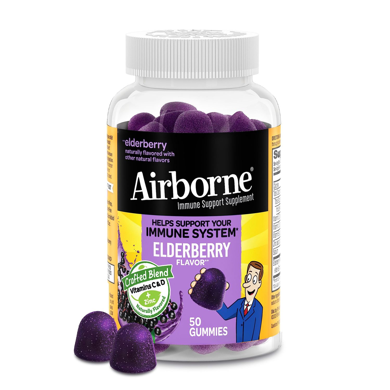 Airborne Elderberry + Zinc &amp; Vitamin C Gummies For Adults, Immune Support Vitamin D &amp; Zinc Gummies With Powerful Antioxidant Vitamins C D &amp; E - 50 Gummies, Elderberry Flavor