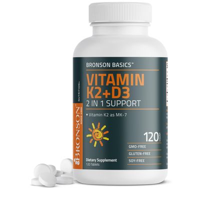 Bronson Basics Vitamin K2 D3 (MK7) Supplement Non-GMO Formula 5000IU (125 mcg) Vitamin D3 &amp; 90 mcg Vitamin K2 MK-7 Easy to Swallow Vitamin D &amp; K Complex, 120 Tablets