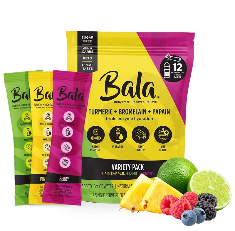 BALA Hydration Turmeric Drink Mix Packet | Sugar-Free Electrolyte Powder, Muscle Recovery, Immune Support, Joint Relief | Plant-Based Enzymes, Bromelain - Variety 1 Count(Pack of 12)