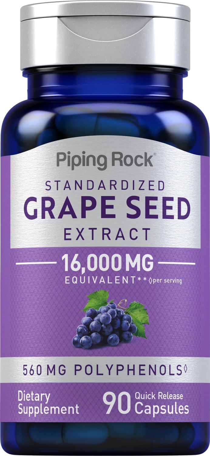 Piping Rock Grape Seed Extract Capsules | 16,000 mg | 90 Count | Standardized Supplements | Non-GMO, Gluten Free