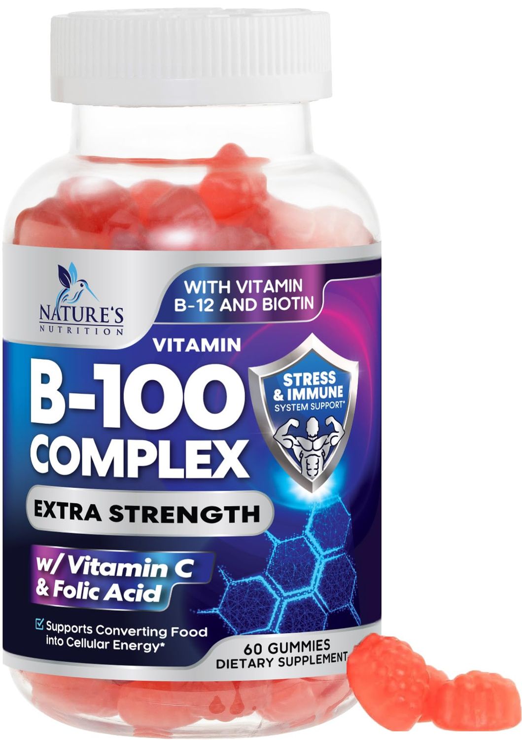 Super B Complex Gummy with Vitamin C &amp; Folic Acid, Extra Strength Vitamin B Gummies Supplement with Niacin, B6, Folic Acid, B12, Biotin, Nature&#39;s Energy Immune Support Supplements - 60 Gummies