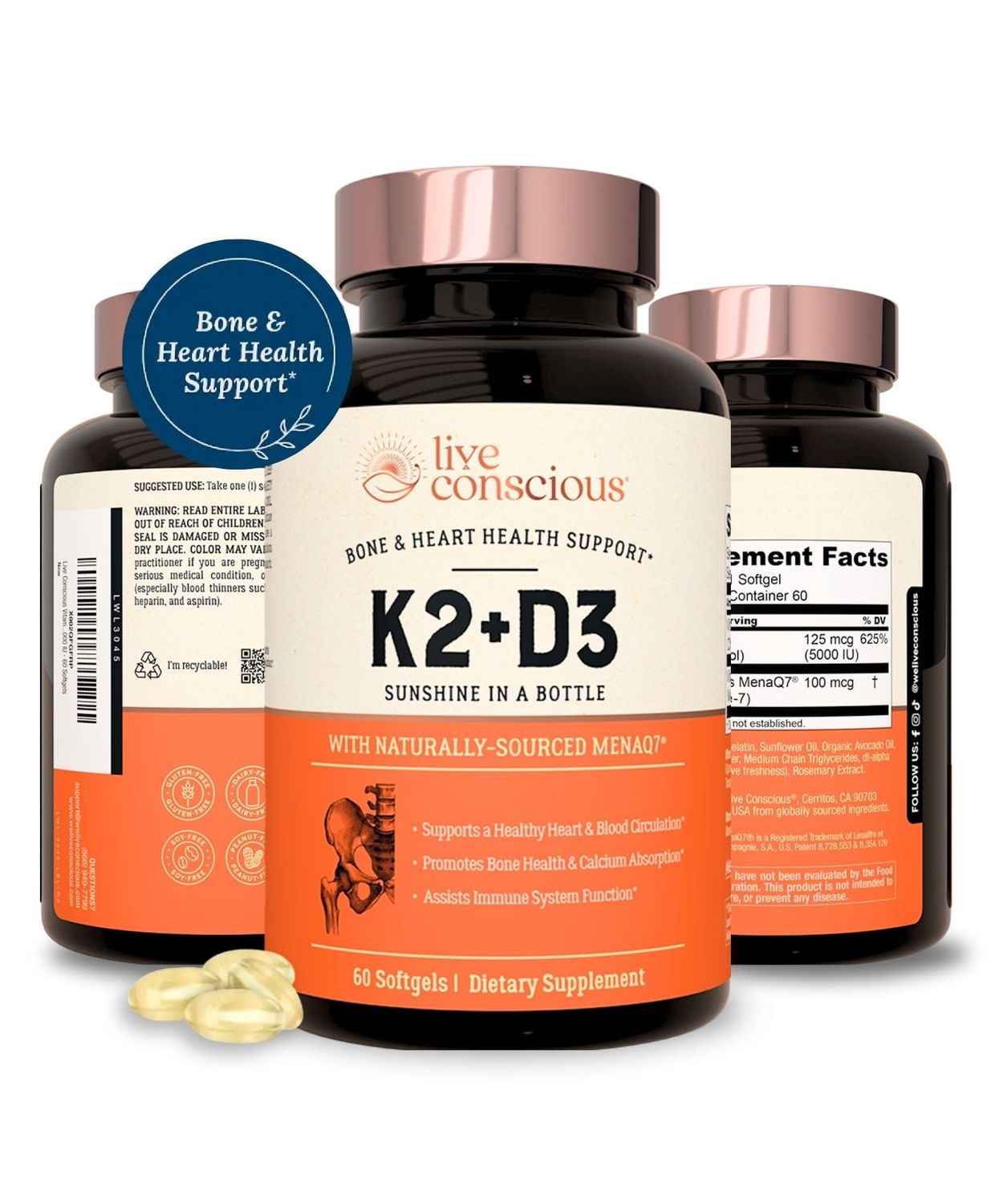 Live Conscious Vitamin K2 MK7 with D3 Supplement | Bone &amp; Heart Health Support - Patented Vitamin K &amp; Vitamin D3 5000 IU - 60 Softgels