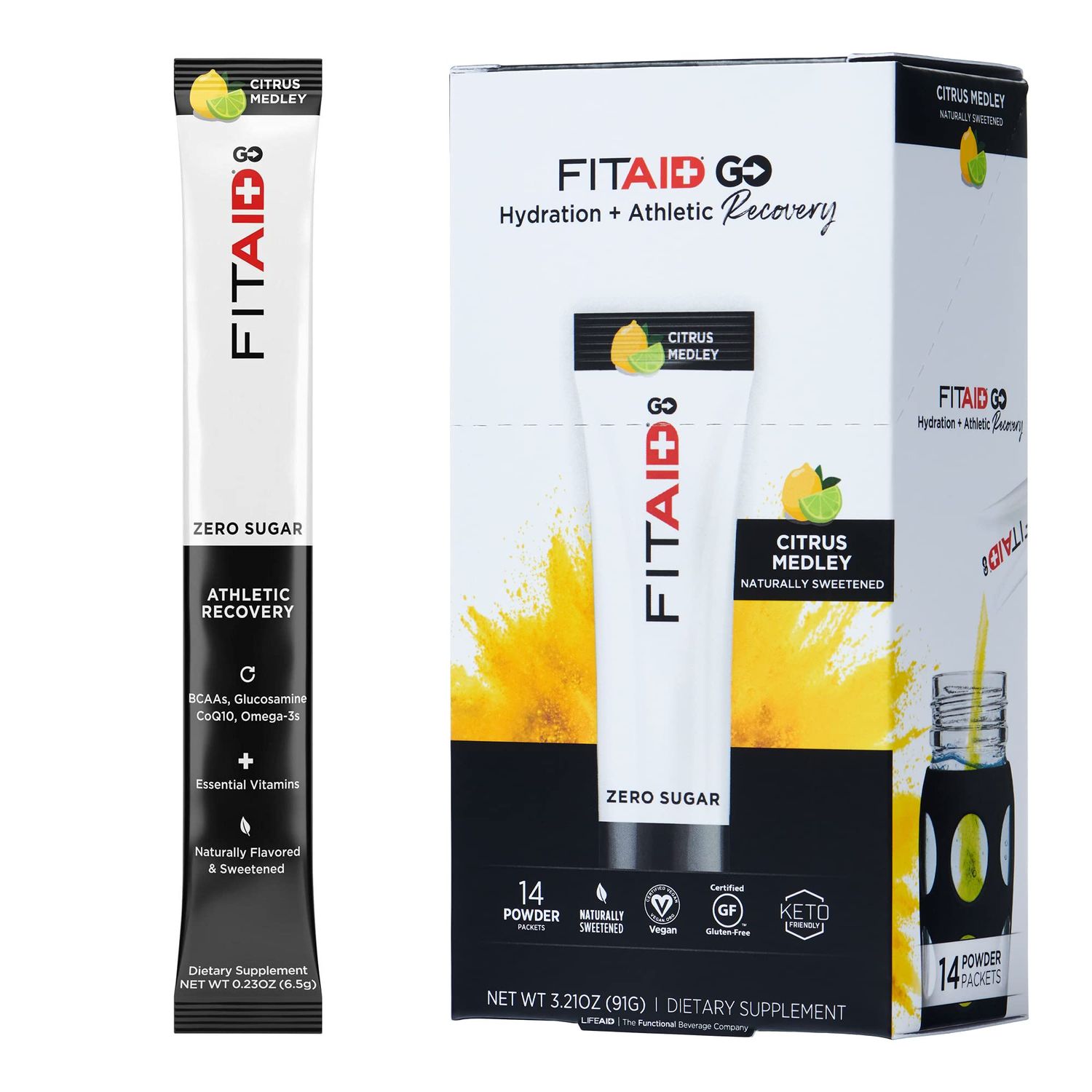 FITAID GO ZERO SUGAR Recovery Hydration Packet, W/ BCAAs, Glucosamine, Electrolytes, Omega-3s, 100% Clean, Keto-friendly, Vegan &amp; Gluten-Free, 5 calories, Naturally Sweetened, 14 pack