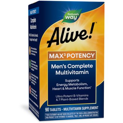 Natures Way Alive! Mens Max3 Potency Multivitamin, Supports Energy Metabolism*, Heart &amp; Muscle Function*, with Methylated B12 and Folate, Gluten-Free, 90 Tablets (Packaging May Vary)