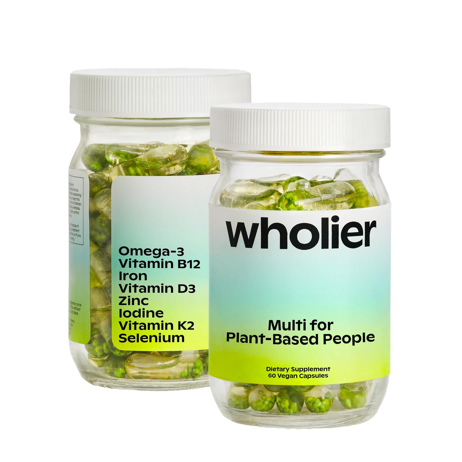 wholier Plant Based Multivitamin Vegan Omega-3 DHA EPA, Vitamin D, Vitamin B12, Zinc, Vitamin K2, Iron, Iodine, Selenium. 60 Count (30-Day Supply) Glass Bottle