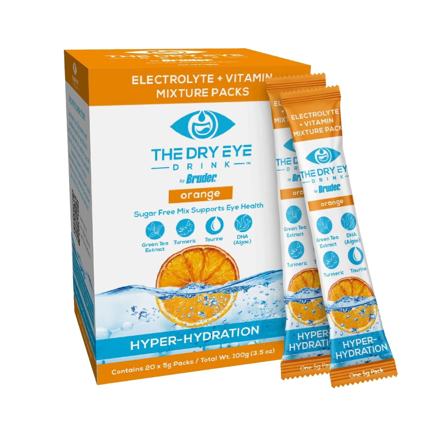 The Dry Eye Drink l Ultimate Hydration for Dry Eyes l Sugar-Free Electrolyte Powder Packets l Blended with Vitamins, Green Tea, Turmeric, Taurine, and DHA l 5g x 20 Packets (Orange)