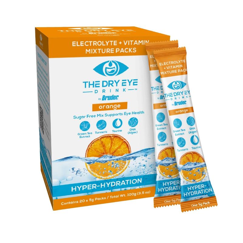 The Dry Eye Drink l Ultimate Hydration for Dry Eyes l Sugar-Free Electrolyte Powder Packets l Blended with Vitamins, Green Tea, Turmeric, Taurine, and DHA l 5g x 20 Packets (Orange)