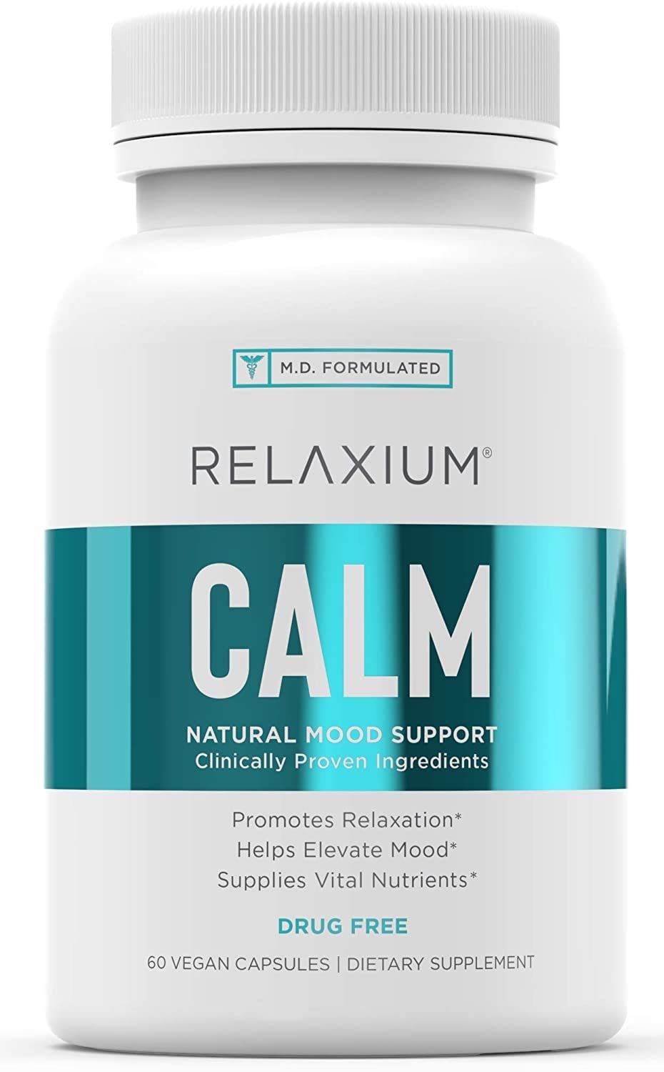 Relaxium Calm, Non-Habit Forming, Stress &amp; Mood Support Supplement, Elevate Mood &amp; Boost Relaxation with Ashwagandha, 5-HTP, GABA, Made in USA (60 Vegan Capsules, 30 Day Supply)