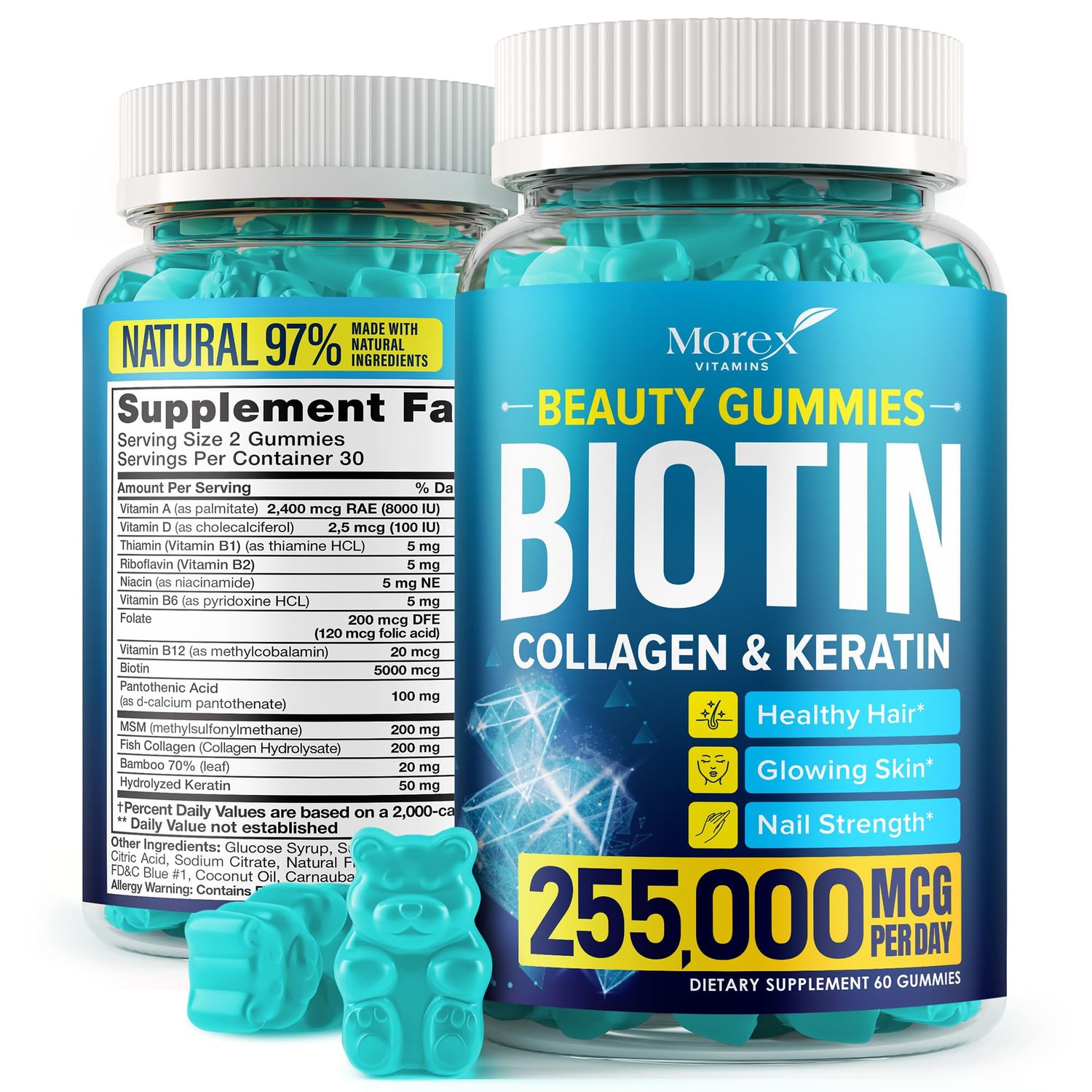 Hair Vitamins Natural Gummies - Biotin Multivitamin for Hair, Skin &amp; Nails with Collagen &amp; Keratin - Anti Aging Collagen Gummy Vitamins for Men &amp; Women - Hair &amp; Nail Growth Gummies - 60psc