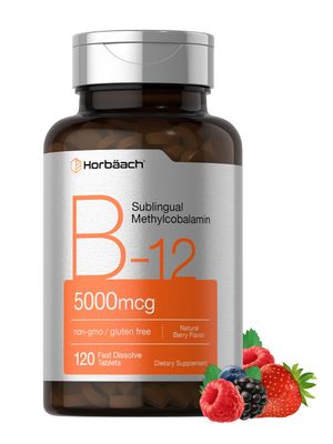 Horbach B12 Sublingual Methylcobalamin | 5000mcg | 120 Fast Dissolve Tablets | Vegetarian, Non-GMO and Gluten Free Supplement