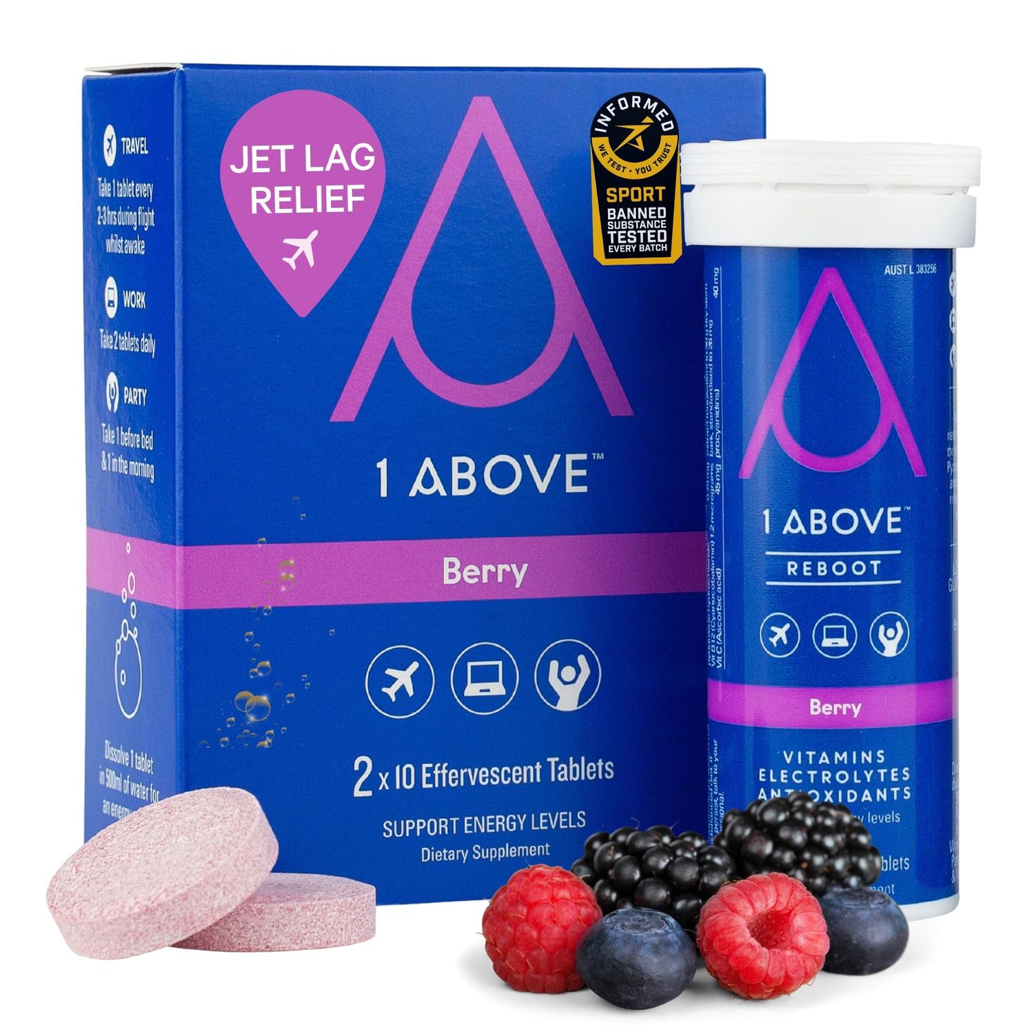 1Above Jet Lag Relief Tablets - Berry-Flavored Effervescent Multivitamin with Pycnogenol Travel Supplement for Hydration, Energy, Immune Support and Faster Recovery - Flight Essential, 20 Tablets