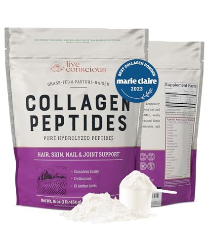 Live Conscious Collagen Peptides Powder - Naturally-Sourced Hydrolyzed Collagen Powder - Hair, Skin, Nail, and Joint Support - Type I &amp; III Grass-Fed Collagen Supplements for Women and Men - 16oz