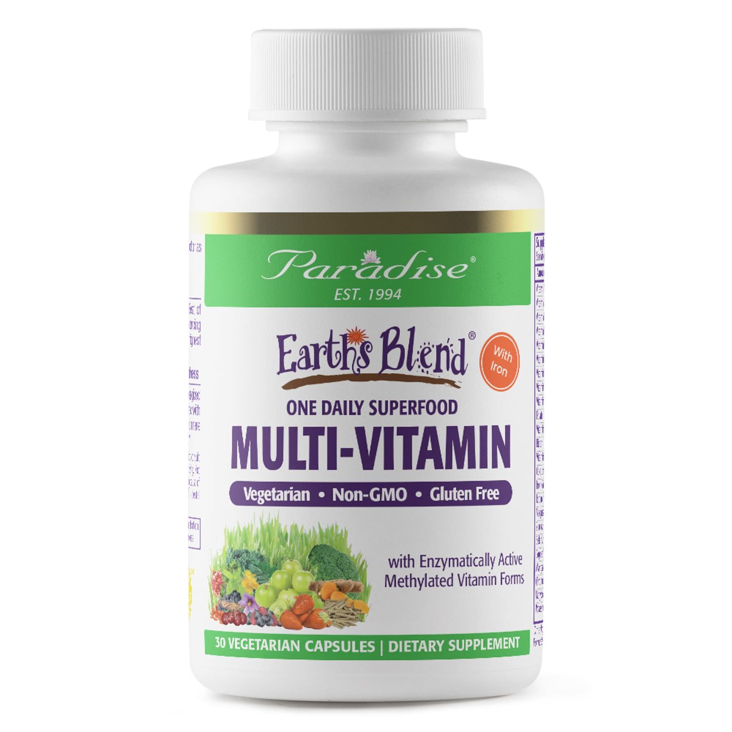 Paradise Herbs Earth&#39;s Blend Women&#39;s One Daily Multivitamin with Iron, 48 Organic Superfoods, Probiotics, Antioxidants, Vitamins A, B12, C, D, K2, Daily Superfood, 30 Capsules