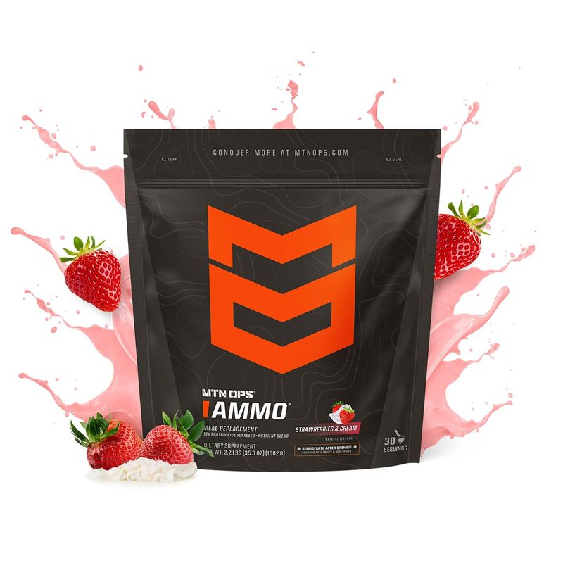 MTN OPS Ammo Protein Powder Meal Replacement Shake for Lean Muscle Building, Strawberries &amp; Cream Flavor, 28 Servings