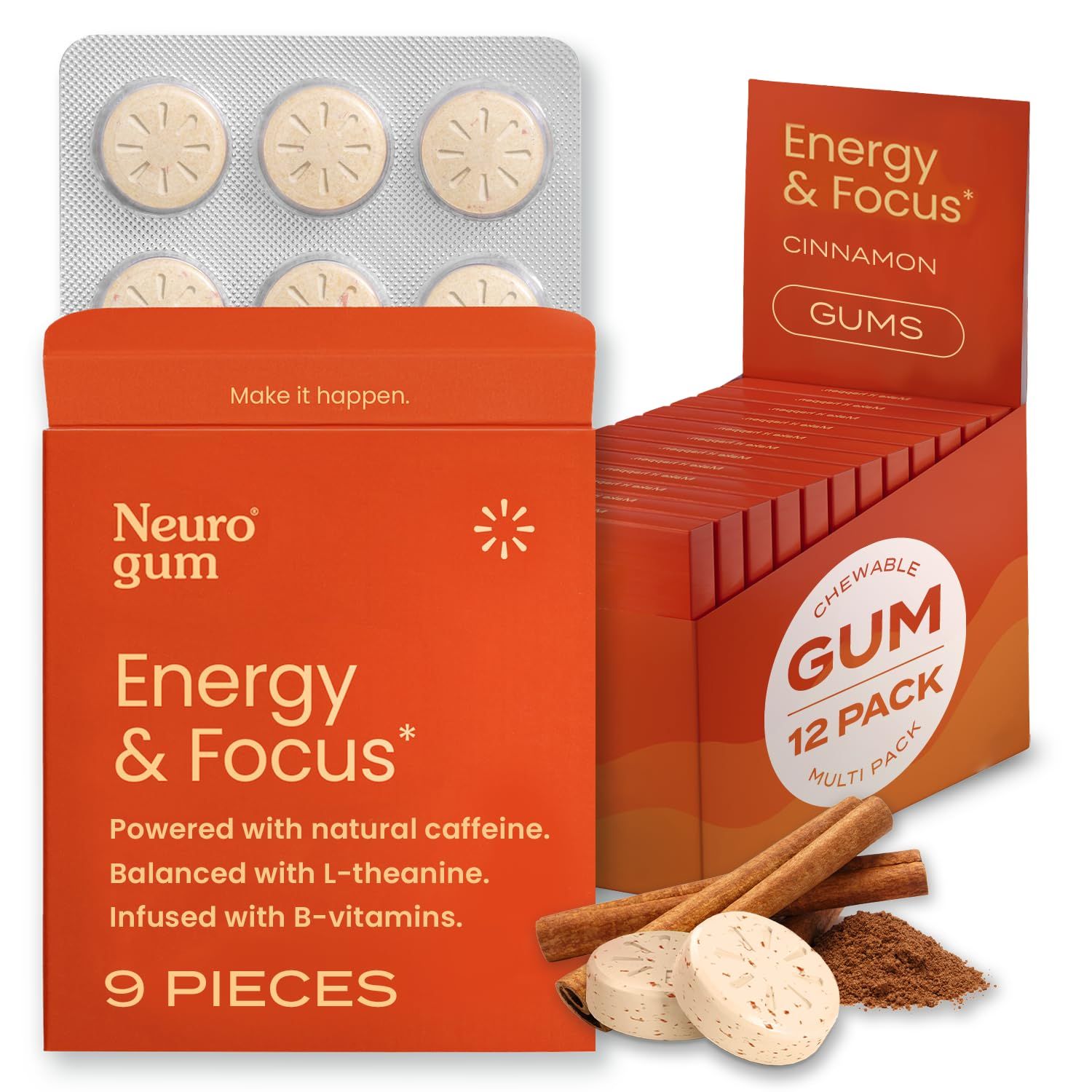 NeuroGum Energy Caffeine Gum (54 Pieces) - Sugar Free with L-theanine + Natural Caffeine + Vitamin B12 &amp; B6 - Nootropic Energy &amp; Focus Supplement for Women &amp; Men - Keto &amp; Vegan, Cinnamon Flavor