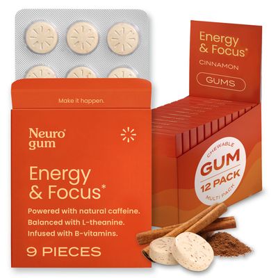 NeuroGum Energy Caffeine Gum (54 Pieces) - Sugar Free with L-theanine + Natural Caffeine + Vitamin B12 &amp; B6 - Nootropic Energy &amp; Focus Supplement for Women &amp; Men - Keto &amp; Vegan, Cinnamon Flavor