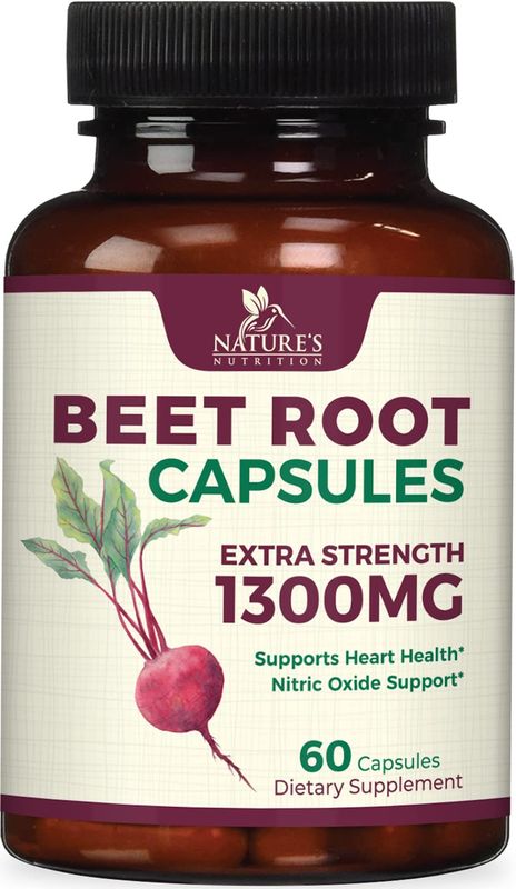 Beet Root Supplement - 1300mg Extra Strength Beetroot Powder Extract Supports Nitric Oxide Production &amp; Natural Energy - Vegan Herbal Pills Support Heart Health, Non-GMO, Gluten Free - 60 Capsules