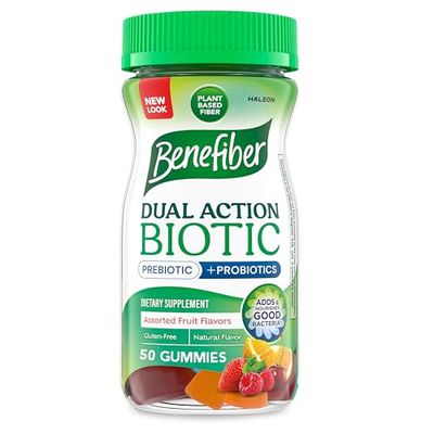 Benefiber Prebiotic Fiber Supplement Gummies with Probiotics for Digestive Health, Assorted Fruit Flavors - 50 Count