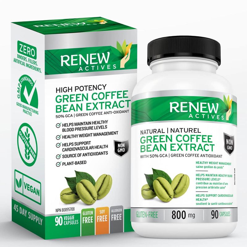 Renew Actives High Potency Green Coffee Bean Extract - 800mg Green Coffee Bean Extract with 50% Chlorogenic Acid for Antioxidant Benefits - 90 Vegan Capsules