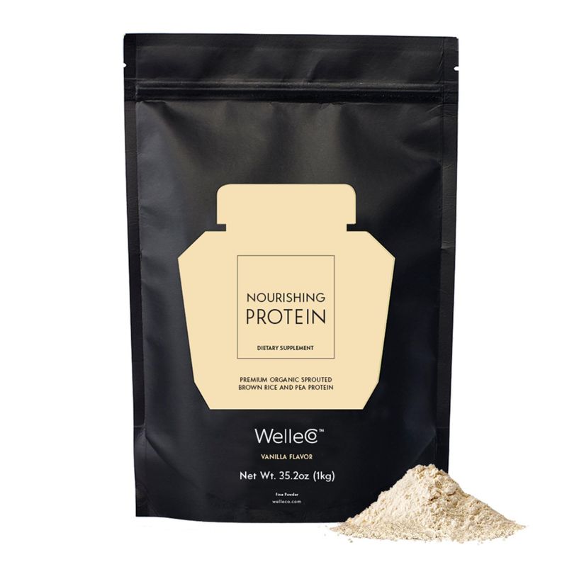 WelleCo Vegan Protein Powder, Gluten Free Premium Organic Sprouted Brown Rice &amp; Pea Protein Blend, Low Carb &amp; Dairy Free, for Energy, Muscle Recovery, 16g Protein Per Serving, Vanilla, 35.2oz Pouch