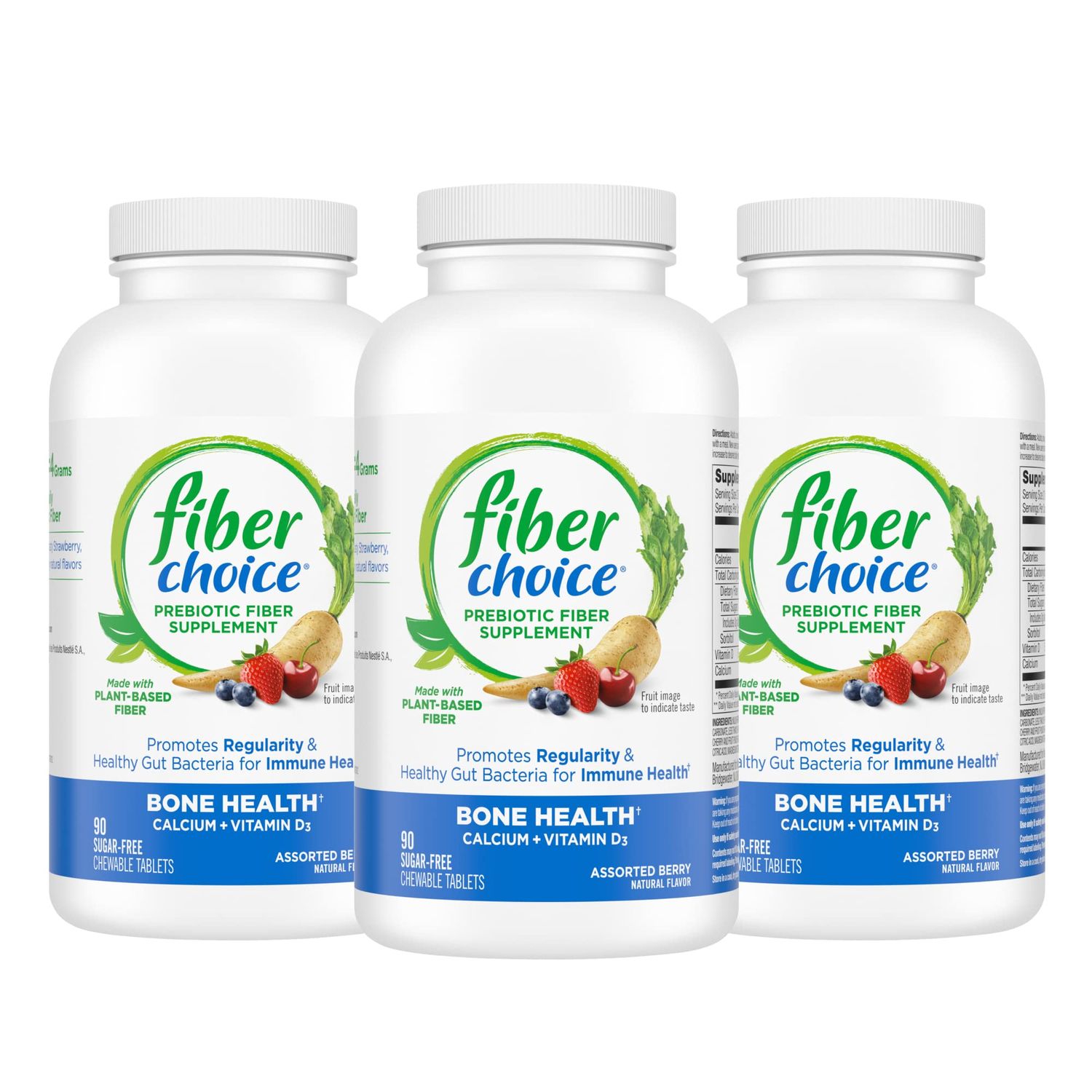 Fiber Choice Bone Health Daily Prebiotic Fiber Chewable Tablets with Calcium &amp; Vitamin D, Assorted Berry, 90 Count (Pack of 3)