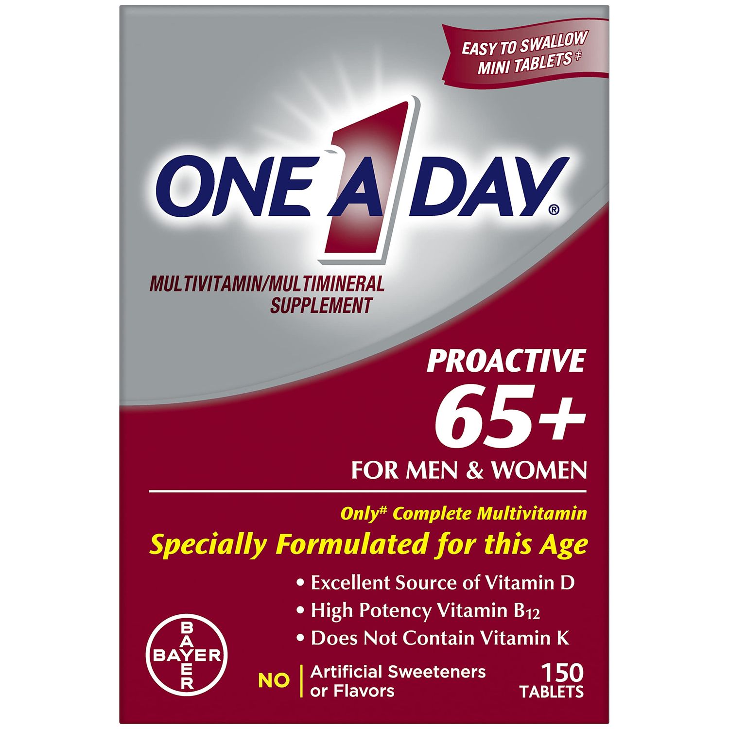 One A Day Proactive 65+, Mens &amp; Womens Multivitamin, Supplement with Vitamin A, Vitamin C, Vitamin D, and Zinc for Immune Health Support*, Calcium, Folic Acid &amp; more, Tablet 150 Count