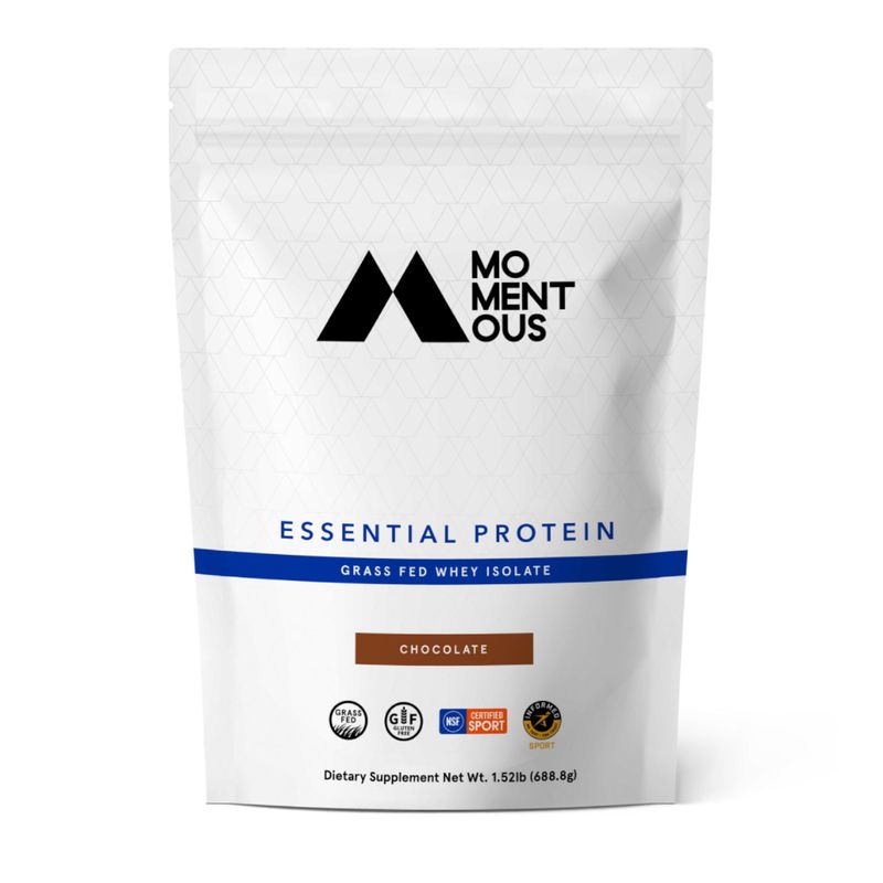 Momentous Essential Grass-Fed Whey Protein Powder - 20g Whey Isolate Protein - NSF Certified, Gluten-Free, 24 Servings for Essential Everyday Use, Chocolate (Package May Vary)