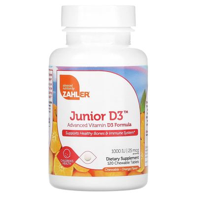 Zahler Junior D3 Vitamins 1000 IU - Chewable Vitamin D3 for Kids - Vitamin D for Kids to Support Bone, Teeth &amp; Immune Health - Kosher Kids Vitamin D3 Orange Flavor - D3 Vitamins for Kids 120 Count.