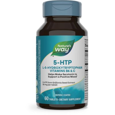 Nature&#39;s Way 5-HTP, Calms Nerves and Supports Appetite*, L-5-Hydroxytryptophan, Vitamins B6 &amp; C, Griffonia Bean Extract 50 mg Per Tablet, 60 Count