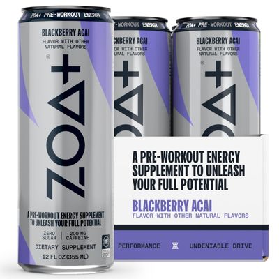 ZOA+ Pre-Workout Energy Drink Supplement - NSF Certified for Sport with Zero Sugar, Nitric Oxide Support, B &amp; D Vitamins, Amino Acids, and Electrolytes (BlackBerry Acai)