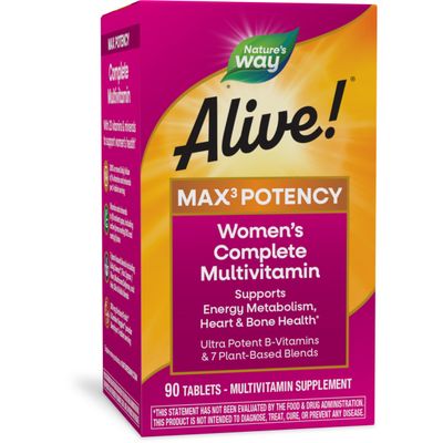 Nature&#39;s Way Alive! Max3 Potency Women&#39;s Complete Multivitamin, Supports Energy Metabolism, Heart &amp; Bone Health*, with B-Vitamins Including Methylated B12 and Folate, 90 Tablets (Packaging May Vary)