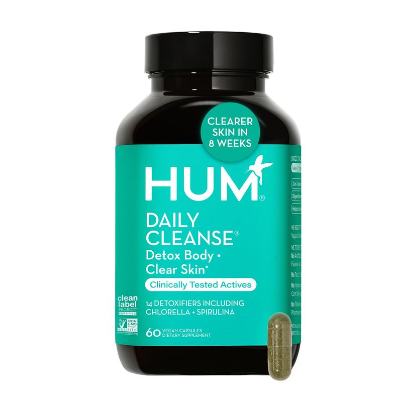 HUM Daily Cleanse Acne Supplement - Gut Cleanse Detox for Clear Skin with Organic Algae, Detoxifying Herbs, Zinc &amp; Spirulina | Clear Skin Supplement (60 Capsules)