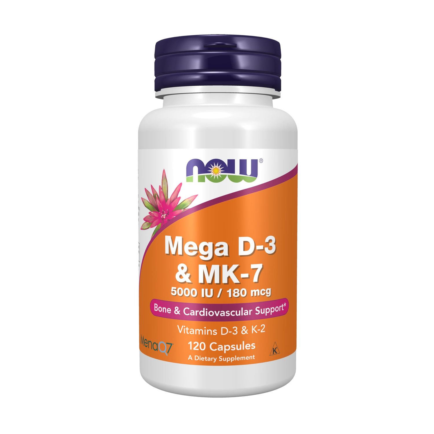 NOW Supplements, Mega D-3 &amp; MK-7, 5000 IU / 180 mcg, Bone &amp; Cardiovascular Support*, Vitamins K-3 &amp; K-2, 120 Capsules