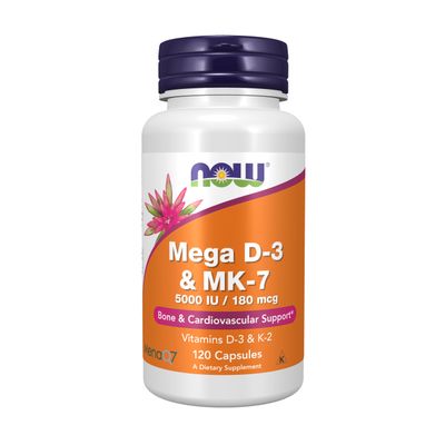 NOW Supplements, Mega D-3 &amp; MK-7, 5000 IU / 180 mcg, Bone &amp; Cardiovascular Support*, Vitamins K-3 &amp; K-2, 120 Capsules