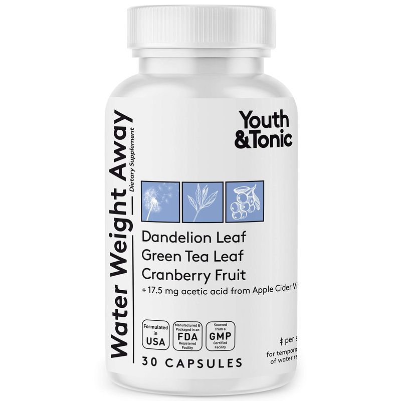 Youth &amp; Tonic Natural Water Weight Away Pills for Swelling Water Retention &amp; Belly Bloating - Herbal Diuretic Supplement for Women &amp; Men - 30 Capsules w/Potassium Caffeine Free