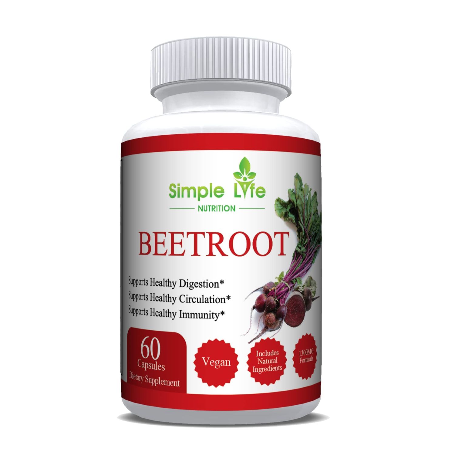 Simple Life Nutrition Organic Beet Root Powder Capsules - Nitric Oxide Booster for Men &amp; Women - Organic Non-GMO Gluten Free Vegan Beets - 60CT