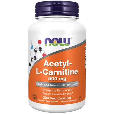 NOW Foods Supplements, Acetyl-L Carnitine 500 mg, Amino Acid, Brain And Nerve Cell Function*, 200 Veg Capsules